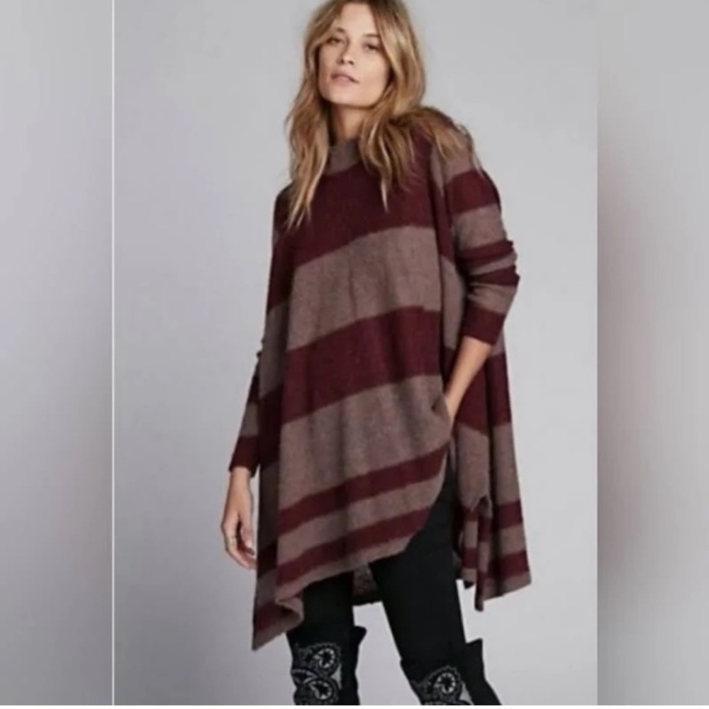 Free People Burgundy and Taupe Striped Long Sleeve Dress